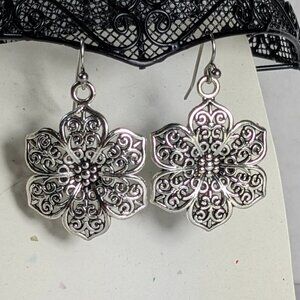 Hand-made large, ornate 6 petal flower on stainless steel ear wires. New!